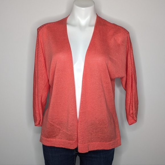 J Jill Peach Salmon Loose Knit Lightweight Linen Blend Open Cardigan Sweater M - Picture 1 of 8